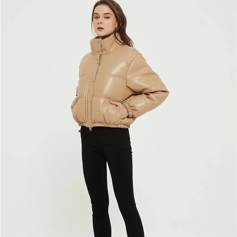 Winter Jacket Women Fashion Casual Solid Color Simple Imitation Leather Cotton Clothing Women's Winter Stand Collar Jacket Coat