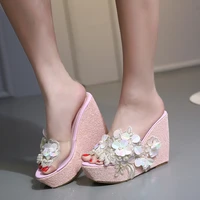new slippers women sweet beaded flower transparent wedge slippers womens platform high heel sandals women shoes