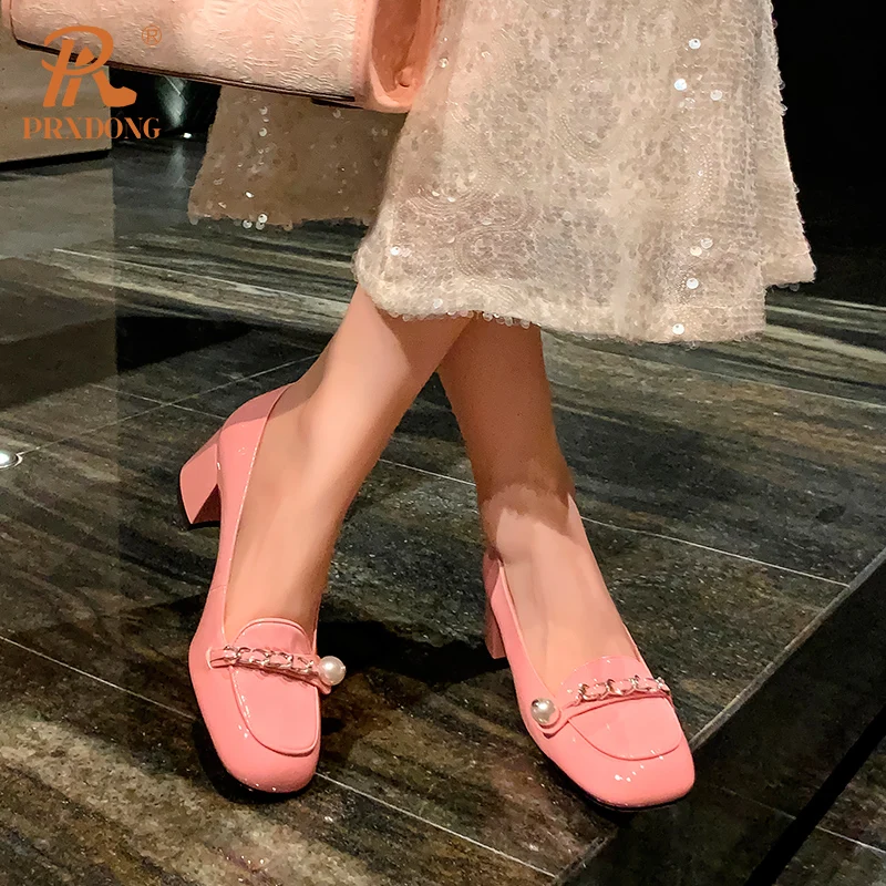 Женские туфли-лодочки на среднем каблуке PRXDONG черные или розовые из натуральной