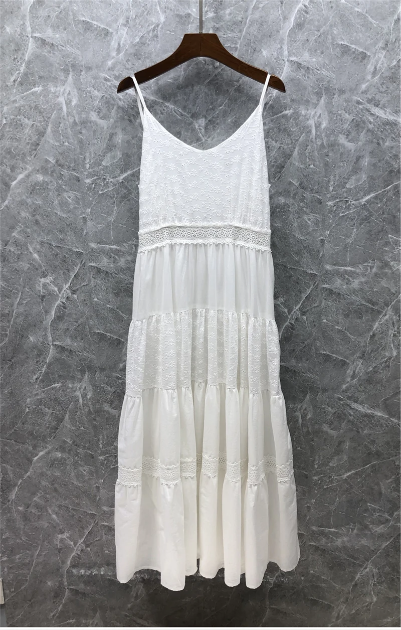 100%Cotton Strap Long Dress 2022 Summer Sexy Ladies Hollow Out Embroidery Sexy Backless Casual Sleeveless Long Maxi Dress Boho