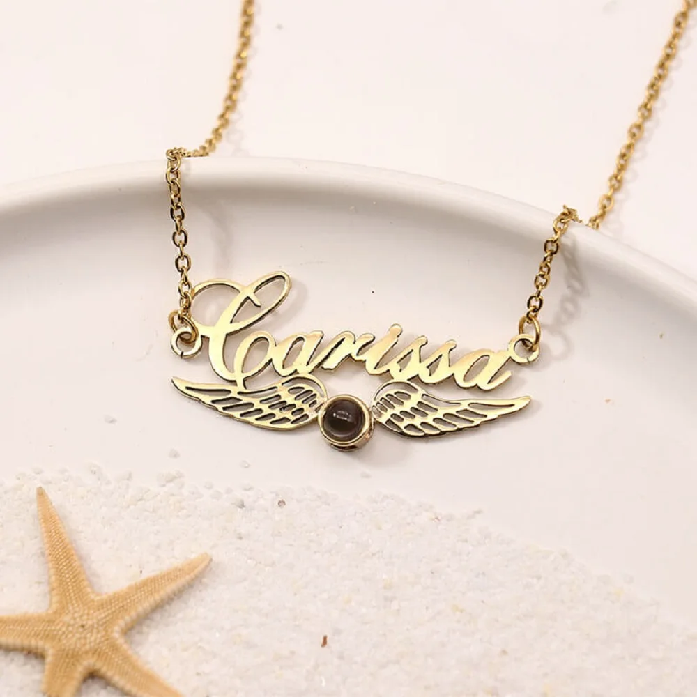 Custom Photo Wings Projection Necklace Personalized Name Pendant Stainless Steel Jewelry Valentine's Day Gifts For Girls Couples