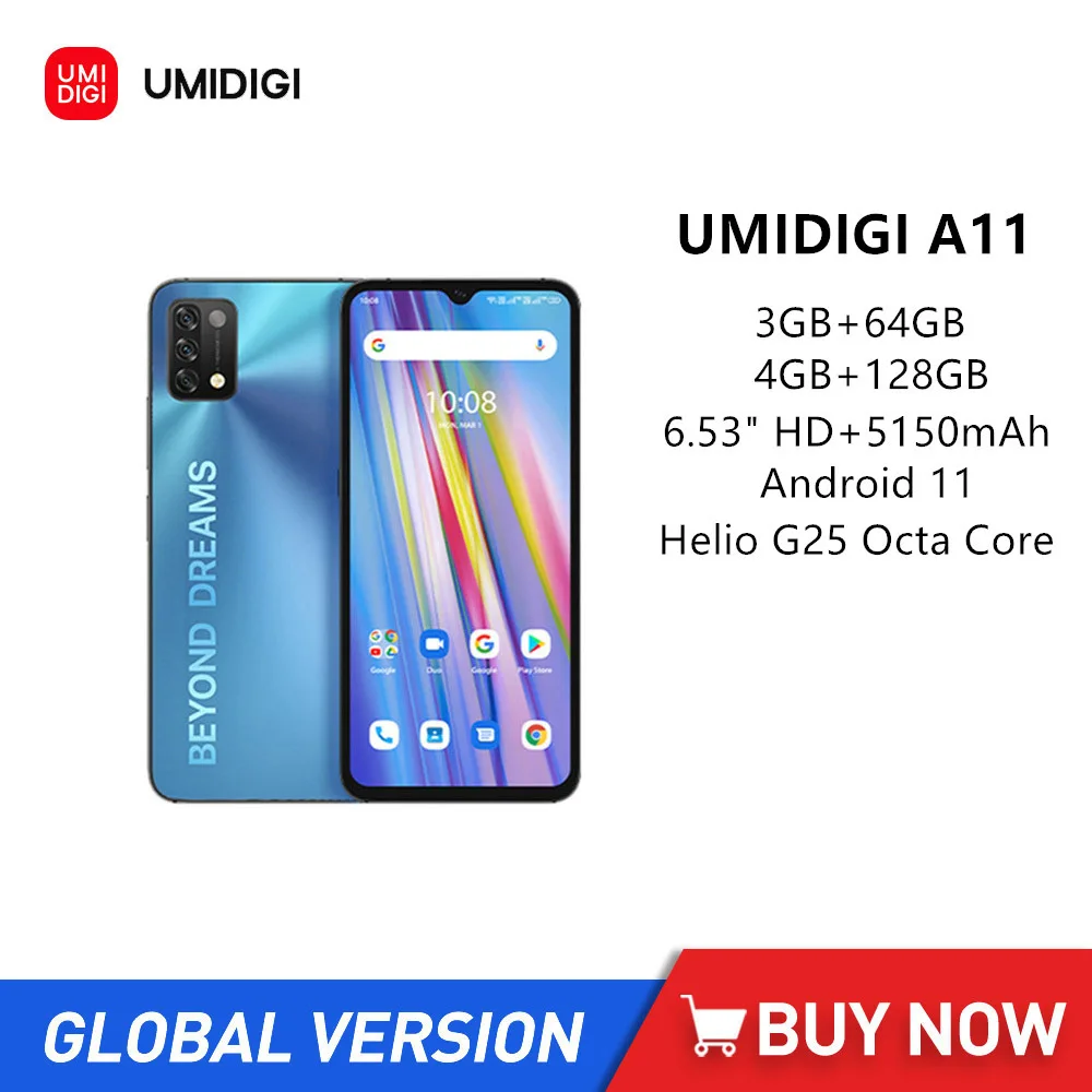 

UMIDIGI A11 Smartphones 3GB+64GB 4GB+128GB 6.53" HD Helio G25 Octa Core CellPhone Android 11 16MP Triple Camera 5150mAh Phone