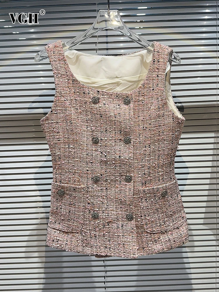 

VGH Tweed Elegant Vest Jacket For Women Square Collar Sleeveless Patchwork Double Breasted Temperament Waistcoat Female Fashion
