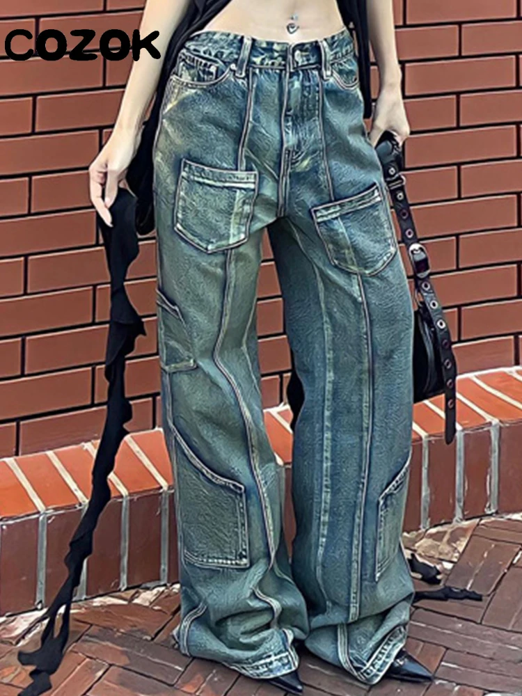 

Винтажные голубые потертые джинсы с несколькими карманами, женские модные брюки в стиле High Street 2023, Мешковатые повседневные Прямые джинсовые брюки-карго с высокой талией