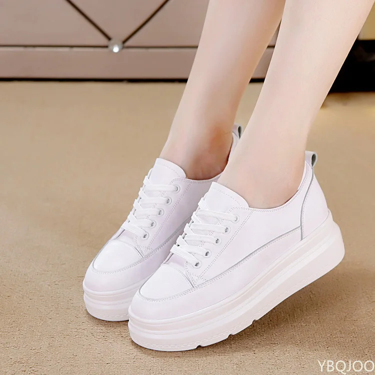 

Genuine Leather Shoes Women Sneakers Height Increasing Shoes Casual Woman White Footwear New Spring Summer Thick Sole 5cm