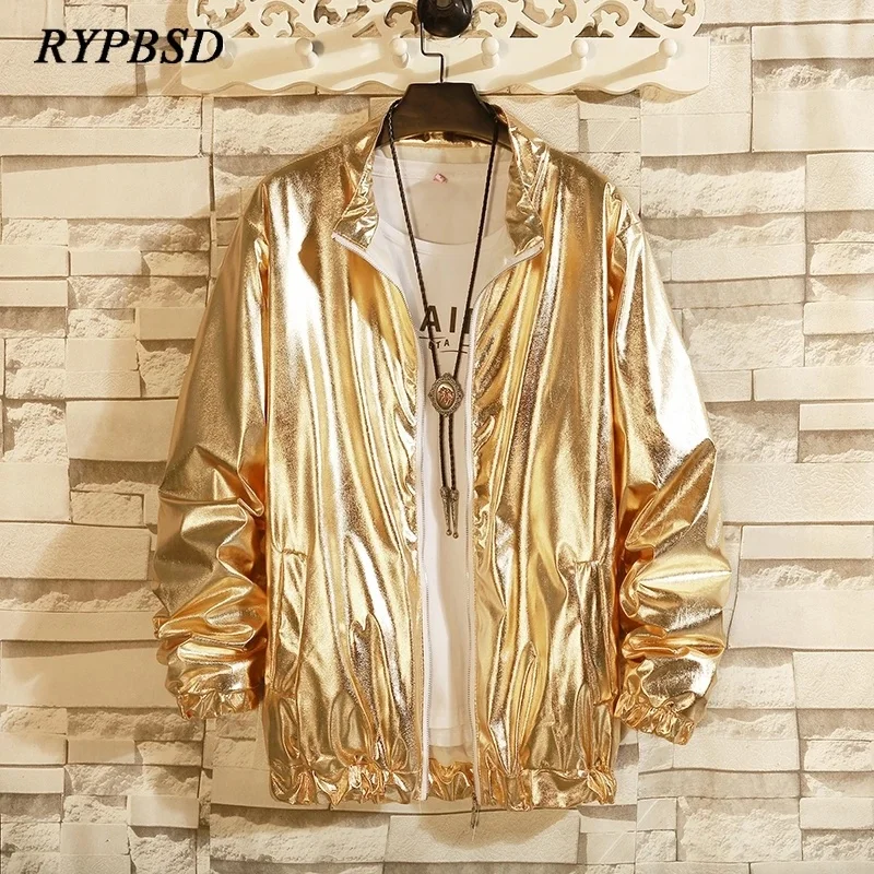 

Men Windbreaker Jacket Brand Nightclub Stage Singer Costume Streetwear Harajuku Hip Hop Coat Gold Silver Fashion Autumn Solid
