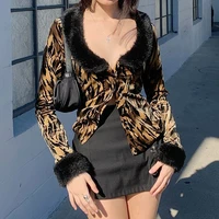 2022 new deep v raw edge leopard print ladies cardigan y2k with fur collar dark beauty retro fashion long sleeve e blouse club