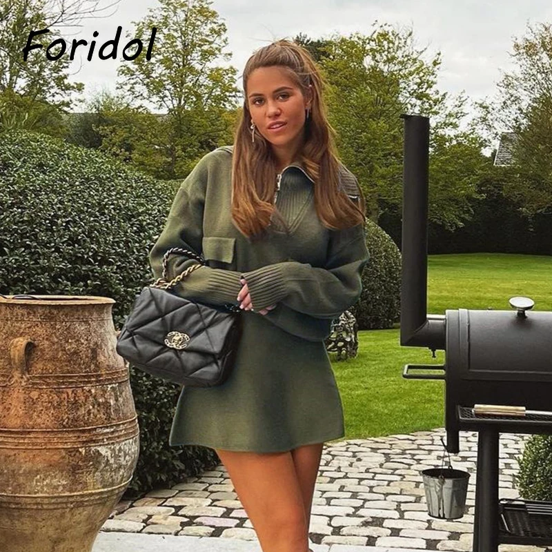 Свитер вязаный армейский зеленый с карманами Foridol Женский Повседневный