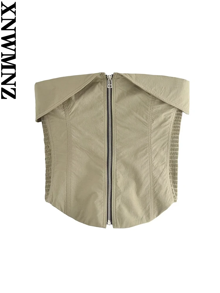 

XNWMNZ Women's Fashion 2023 Zipper Bustier Top or Contrast Topstitching Mid Waist Zipper Pants High Street Female Two Piece Set
