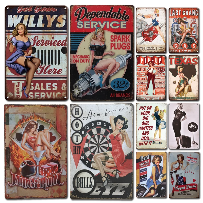 

Vintage Sexy Pin-up Girl Metal Tin Sign Retro Wall Sticker Decor Plaques Chic Bedroom Living Room Wall Decoration Metal Plates