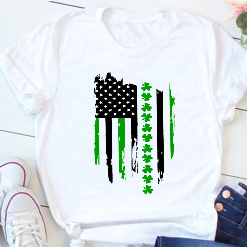 

St Patricks Day Shirt Shamrock American Flag Graphic Tees Aesthetic Women Fashion Tops Vintage Clothes Green Tops