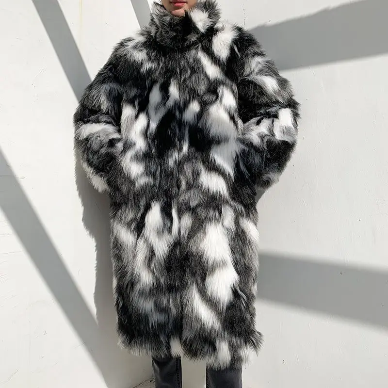 Fox Fur Men's Wear Trendy Long Over-the-knee Faux Fur Cotton Jacket Warmth Thick Windproof Cloak Hip-hop Imitation Casual Jacket