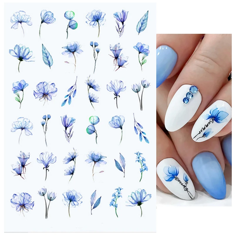 

Back Glue Nail Decals Watercolor Sky Blue Florals Stickers Decoration For Nail Art Manicure Beauty
