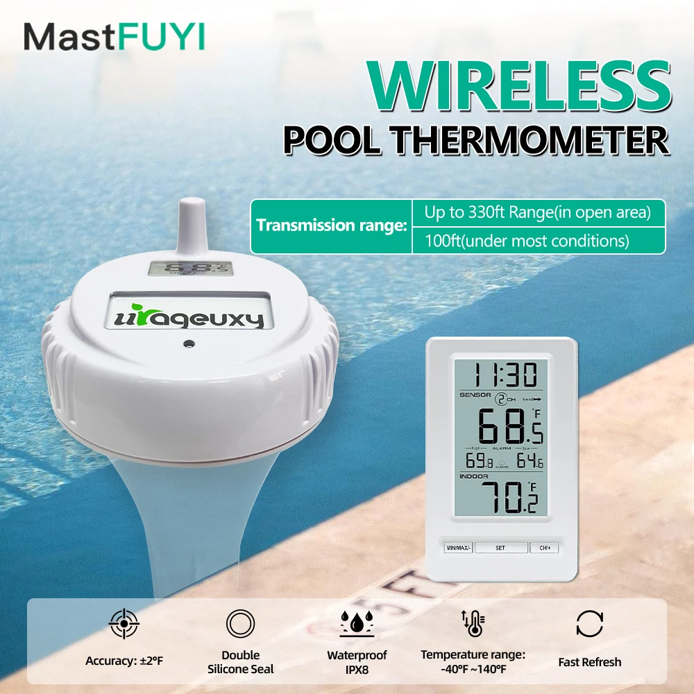 Фото MASTFUYI цифровой беспроводной термометр для воды 8 датчиков ЖК-дисплей IPX8 водонепроницаемый монитор для бассейна и спа для гидромассажной ванны, бассейна №1