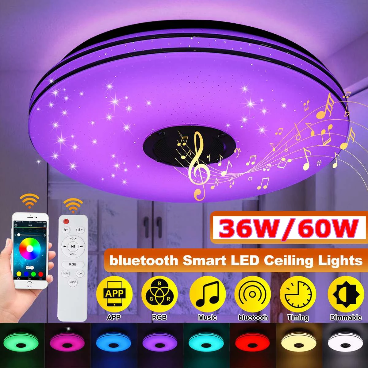 

36W/60W Music Led Ceiling Light Lamp RGB Flush Mount Round Music APP bluetooth Speaker Smart Ceiling Lamp With Remote Control