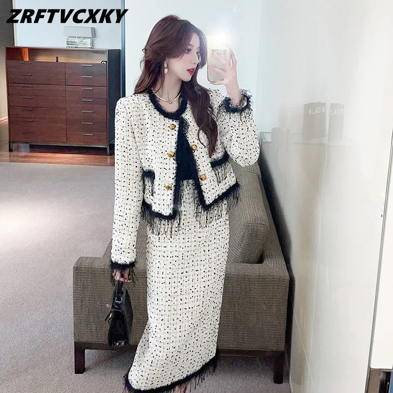 

Женские твидовые комплекты в клетку, элегантная зимняя куртка с бахромой и облегающая юбка с высокой талией, женские комплекты из 2 предмето...