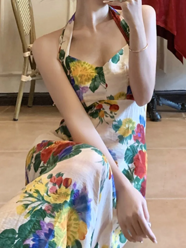 

Summer Floral Print Casual Halter Midi Women Dress Sleeveless Slim Party Beach Maxi Vestidos Femme Fashion Holiday Robe Clothes