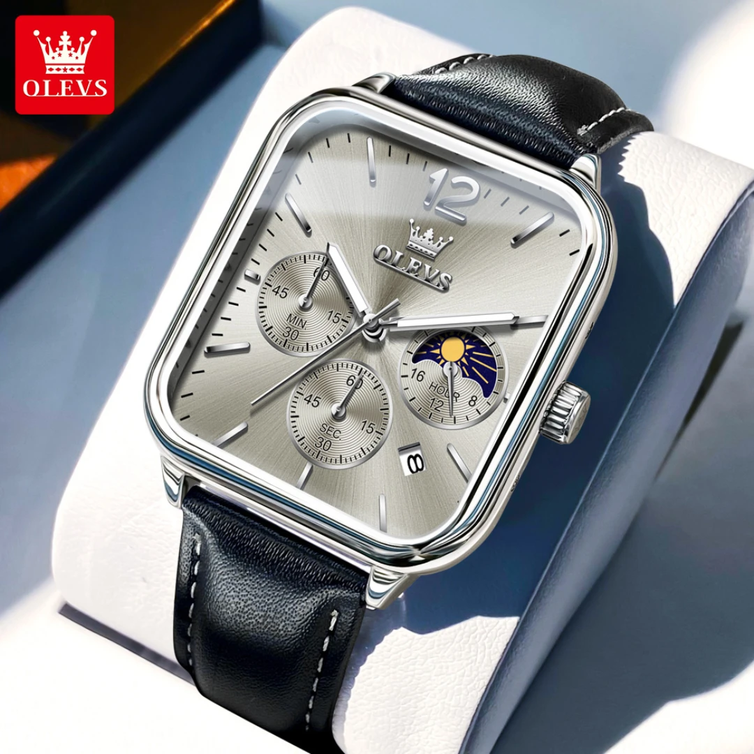 OLEVS 9914 кварцевые модные часы подарок Прямоугольный циферблат кожаный ремешок