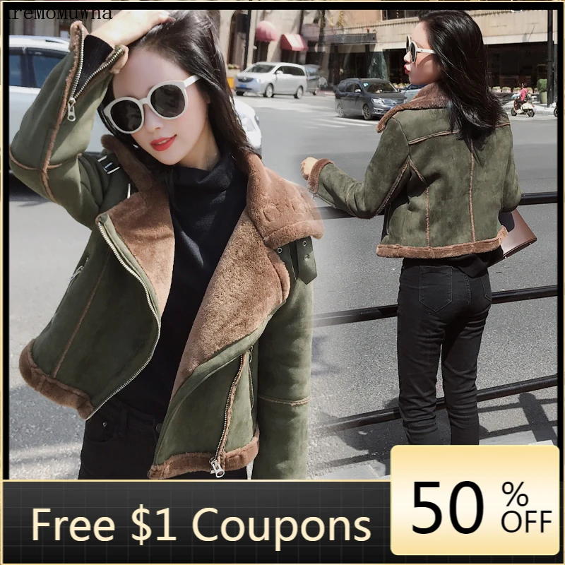 

2021 Winter New Loose Short Suede Jacket M-2XL Women Thickened Plus Velvet Motorcycle Clothing Thickened Warmth Woman Jacket