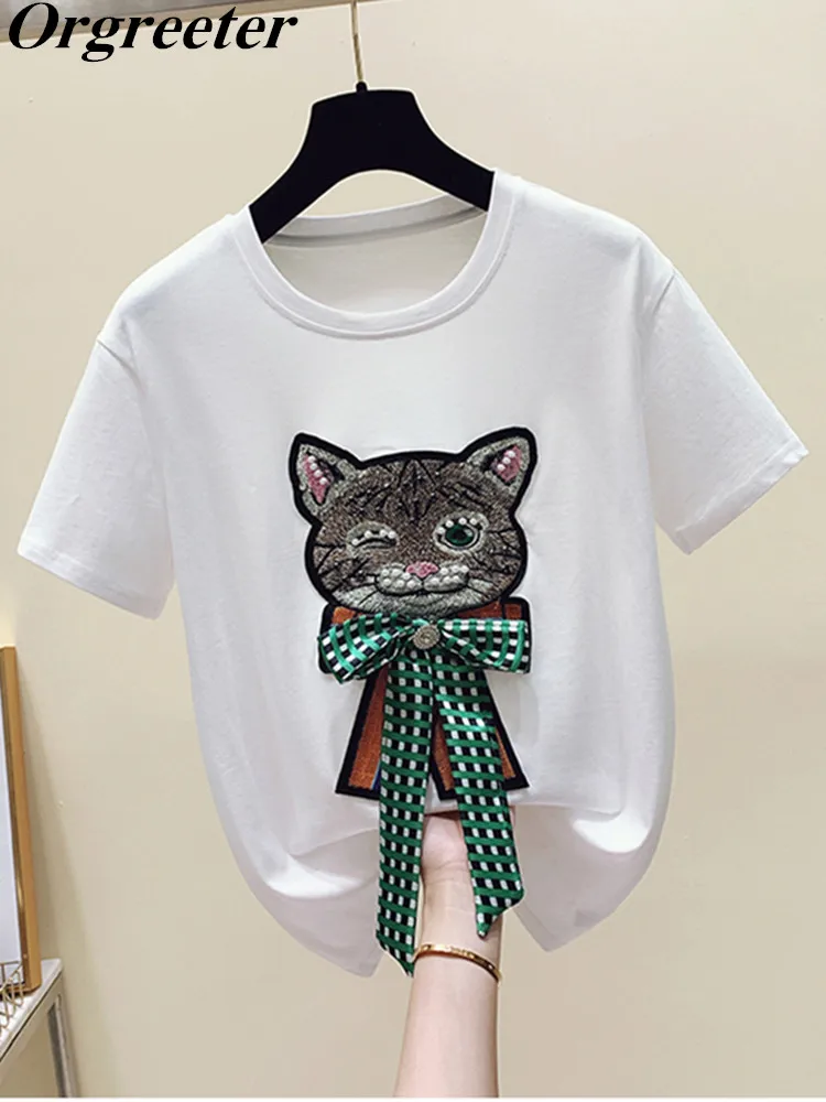 

Cartoon Embroidery Beaded Short sleeve Cotton Tshirt 2022 Summer S-4XL Size O-neck Bow tie Loose Women's Tops Femme