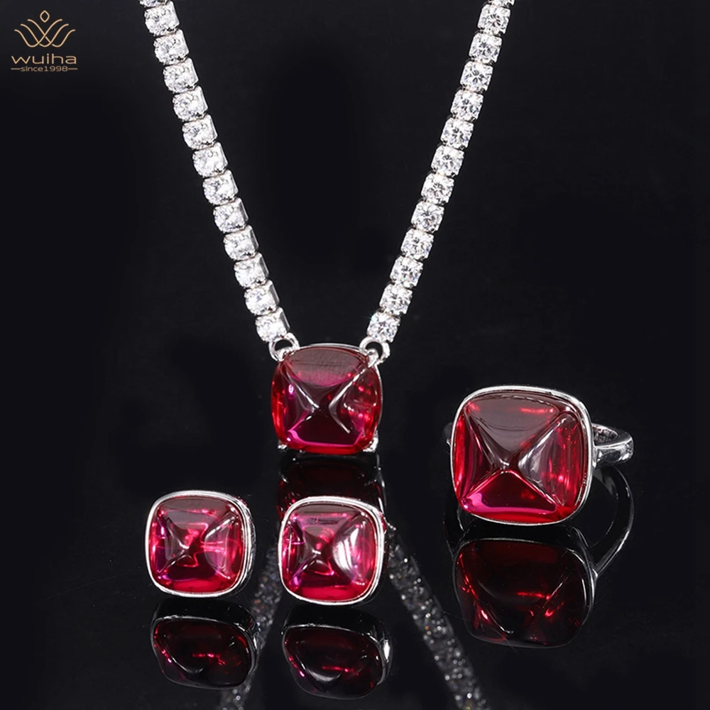 

WUIHA Luxury 925 Sterling Silver 12*12MM Ruby Sapphire Courndum Ring/Earrings/Pendant/Necklace Anniversary Jewelry Set Wholesale