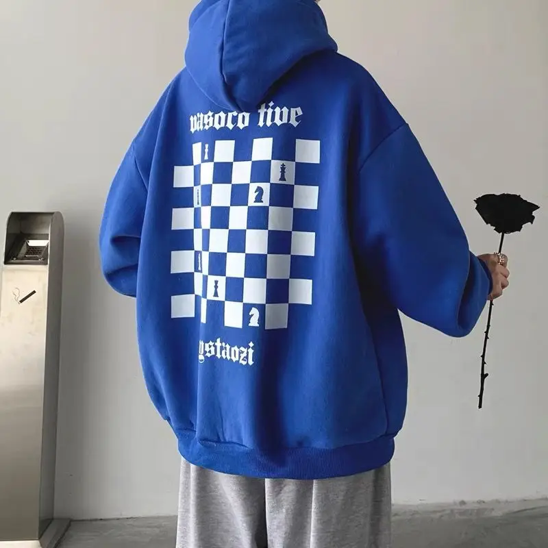 

New in Hoodies & Sweatshirts Blue Color Plaid Japan Style Fashion Harajuku Loose Ovesized Hooded Clothing Vintage