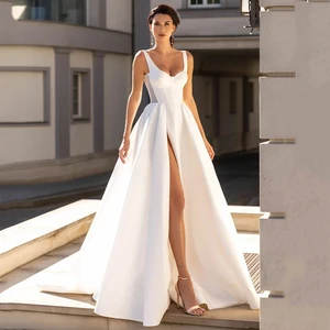 White Satin Wedding Dress For Women A-Line Sexy Side Split Custom Bridal Gown Vestido De Novia 2022  in Pakistan