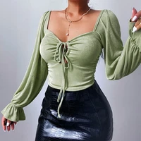 ruched turn down collar button up shirts femme long sleeve sexy crop tops 2021 fashion new solid t shirts women elegant lady