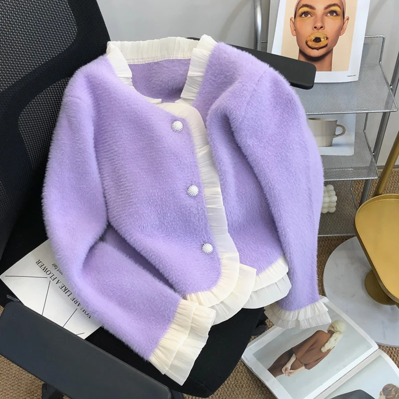 Новое поступление весны и осени 202 короткий вязаный кардиган с оборками женский