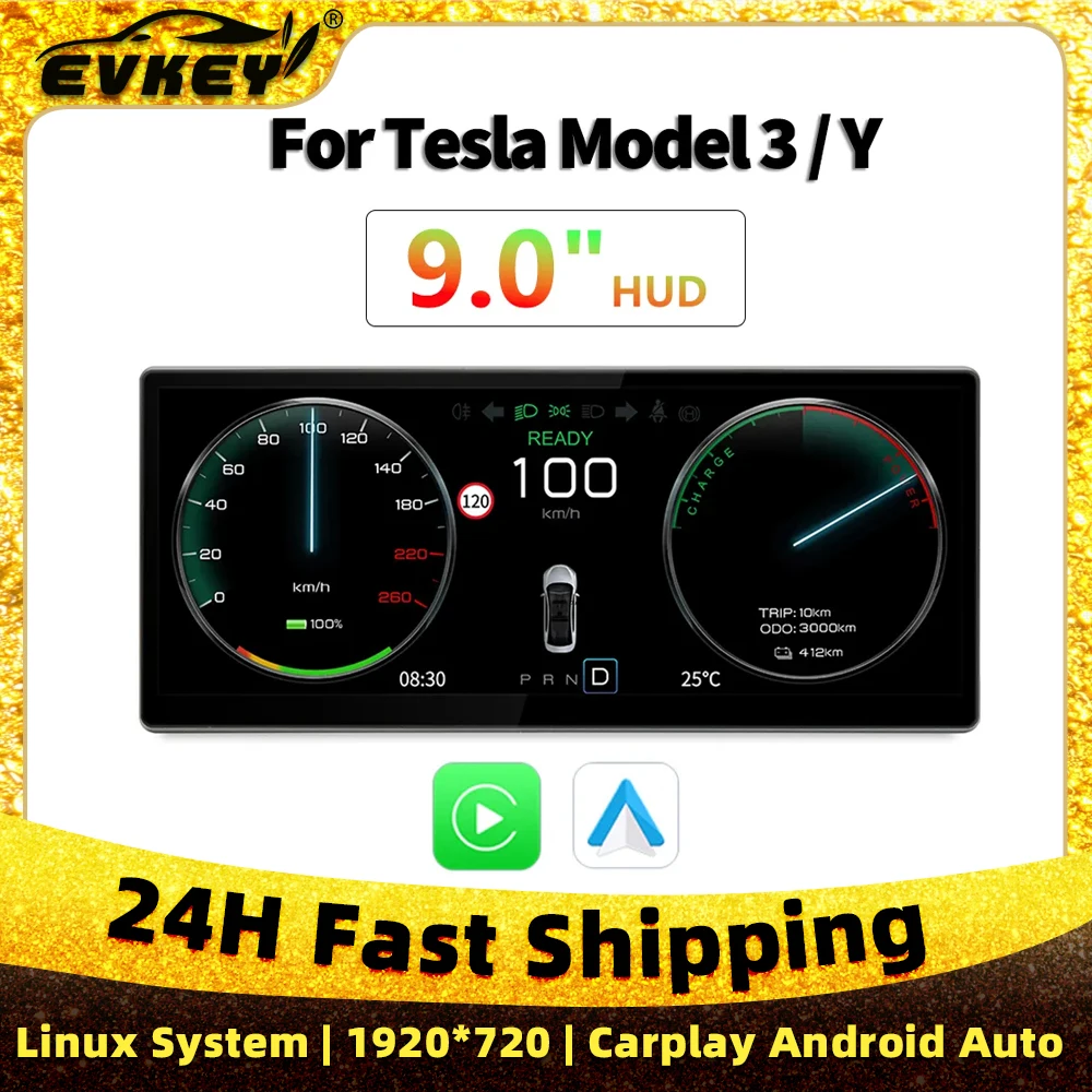 

EVKEY For Tesla Heads Up Display Model 3 Y Digital Center Console Dashboard Linux 9.0 inch Touch Screen Carplay Android Auto
