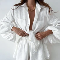 2022 linen ruffle shorts sets 2 pieces women summer lantern sleeve white tops elastic waist shorts woman suit outfits vacation