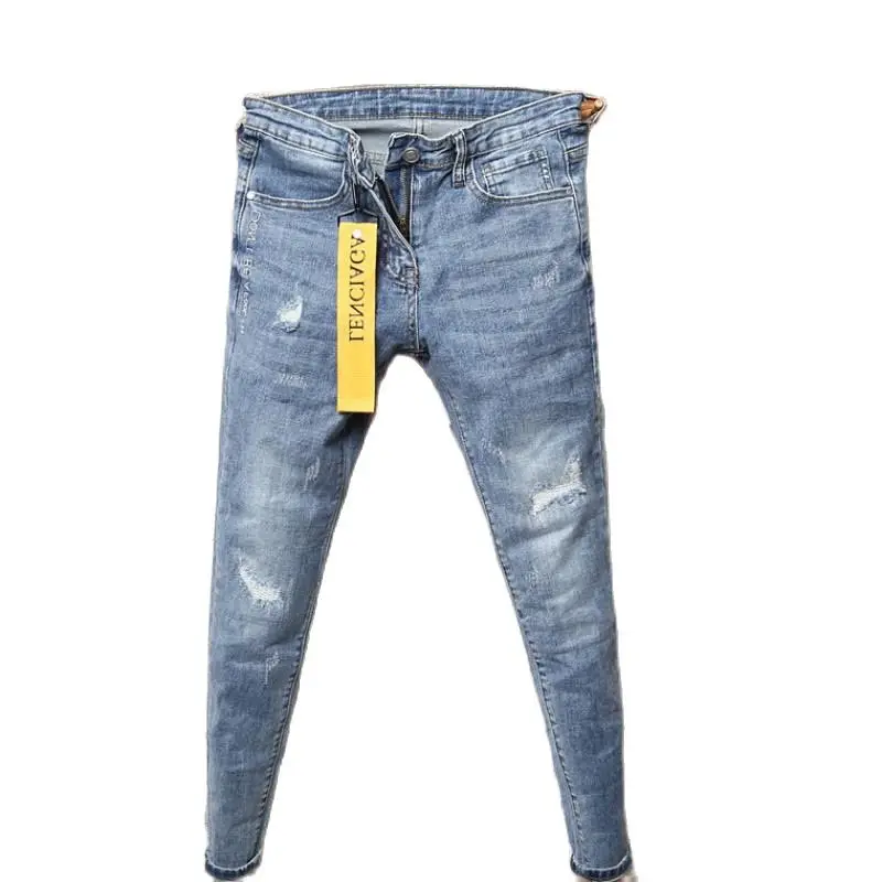 

Jeans For Men 2022 Brand Ripped Hole Guy Cowboy Stretch Skinny School Teenagers Blue Hip Hop Foot Pencil Pants Man