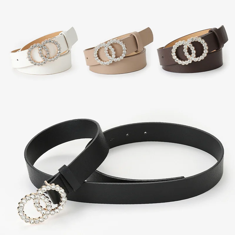 

2021 Fashion Diamond Women Belts For Jeans Female Punk Double Circle Pin Buckle Waist Strap High Quality Waistband
