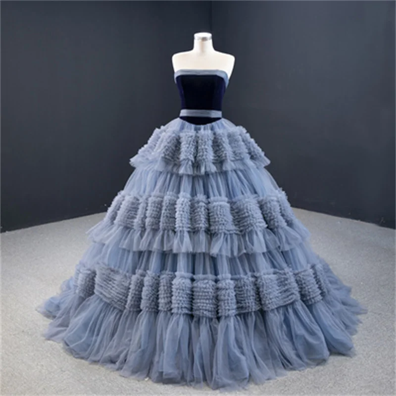 

Blue Quinceanera Dresses Ball Gown Strapless Floor Length Tulle Tiered Puffy Mexican Sweet 16 Dresses 15 Anos