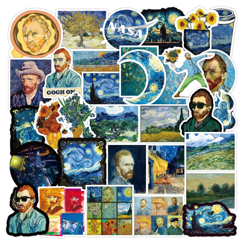 

10/30/50pcs Van Gogh works sunflower oil painting graffiti stickers suitcase notebook guitar waterproof stickers wholesale