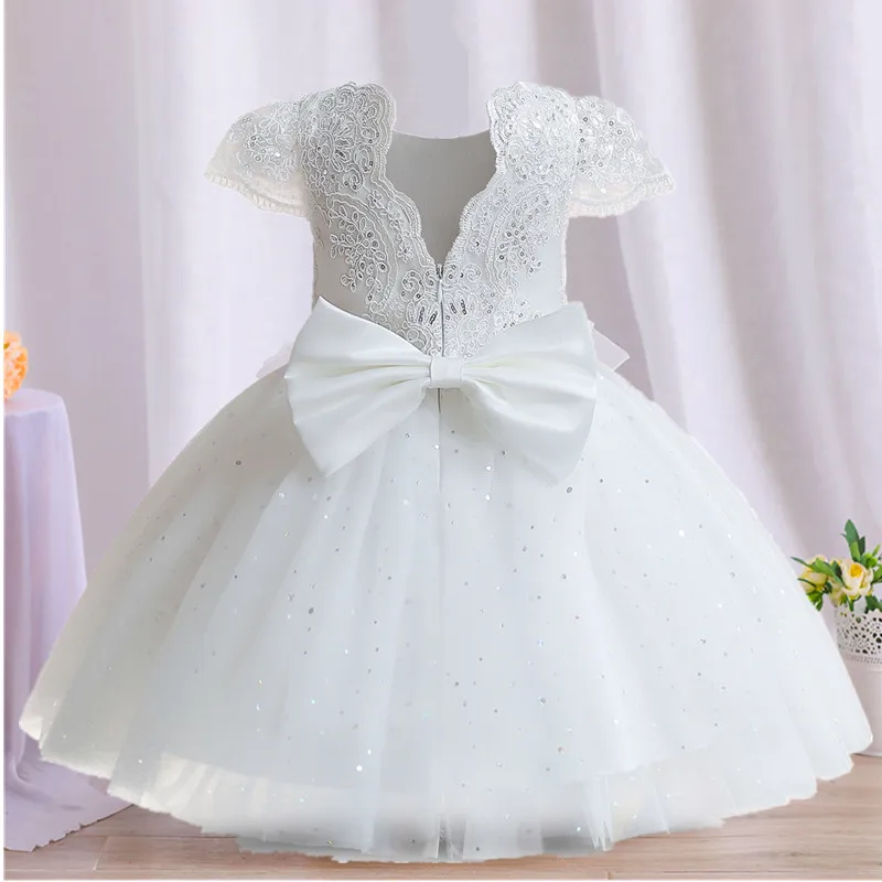 Baby Sequin Flower Dress 12M Girl White Baptism Bow Tutu Gown Girl 1 Year Birthday Princess Outfit Toddler 1st Communion Costume