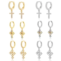 gold silver color brilliant crystal zircon classic cross dangle huggie hoop earring for women girls jewelry pendientes wholesale