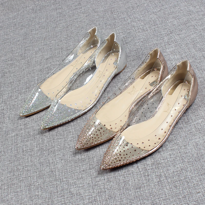 

Transparent Low Heels Pointed Toe Shallow Mouth Shoes Woman Flats Elegant Crystal Dress Wedding Rhinestone Rubber PVC PU Basic W