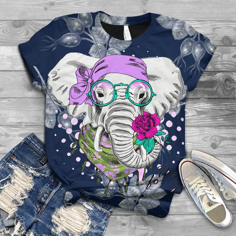 

Summer T-shirt colorful elephant print short-sleeved fresh retro wild women's T-shirt casual loose fashion T-shirt