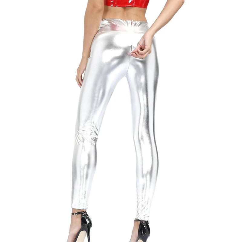 Silvery Exotic Open CrotchnFaux Leather Pants Sexy Club Wear Slim Wet Look Red Leggings Fashion Party Pencil Trousers Custom