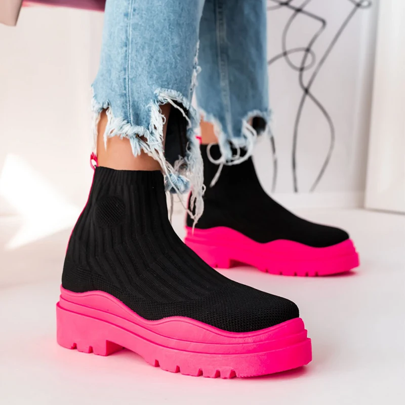

Boots Women Platform Snow Knitted Sock Boots For Women Slip On Women Shoes Soft Ankle Boots Punk Keep Warm Botas Mujer Footwear