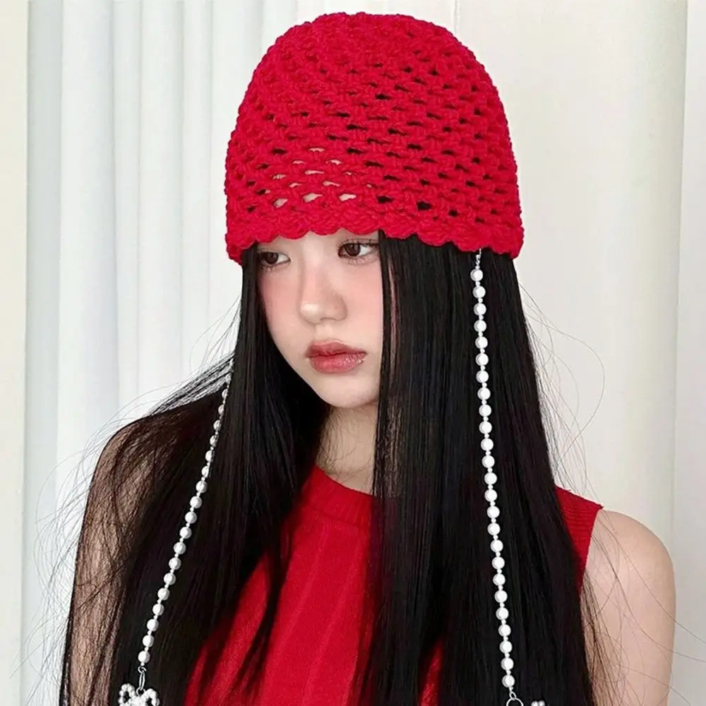 Дышащая ажурная вязаная шапка с жемчужным бантом берет модная летняя Skullies для