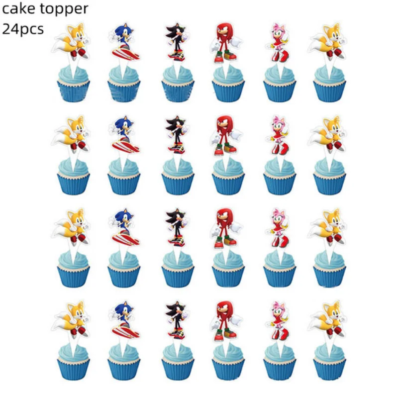 

12/16/24pcs Sonic Cake Top Hat Cartoon Character Cake Card Sonic Theme Children's Birthday Party Disposable Supplies