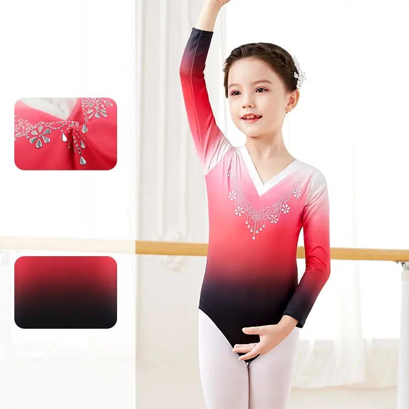 Gymnastics Leotard Girls Ballet Leotards Gradient Rhinestone V Collar Closed Crotch Dance Leotards Ballet Bodysuit Girls