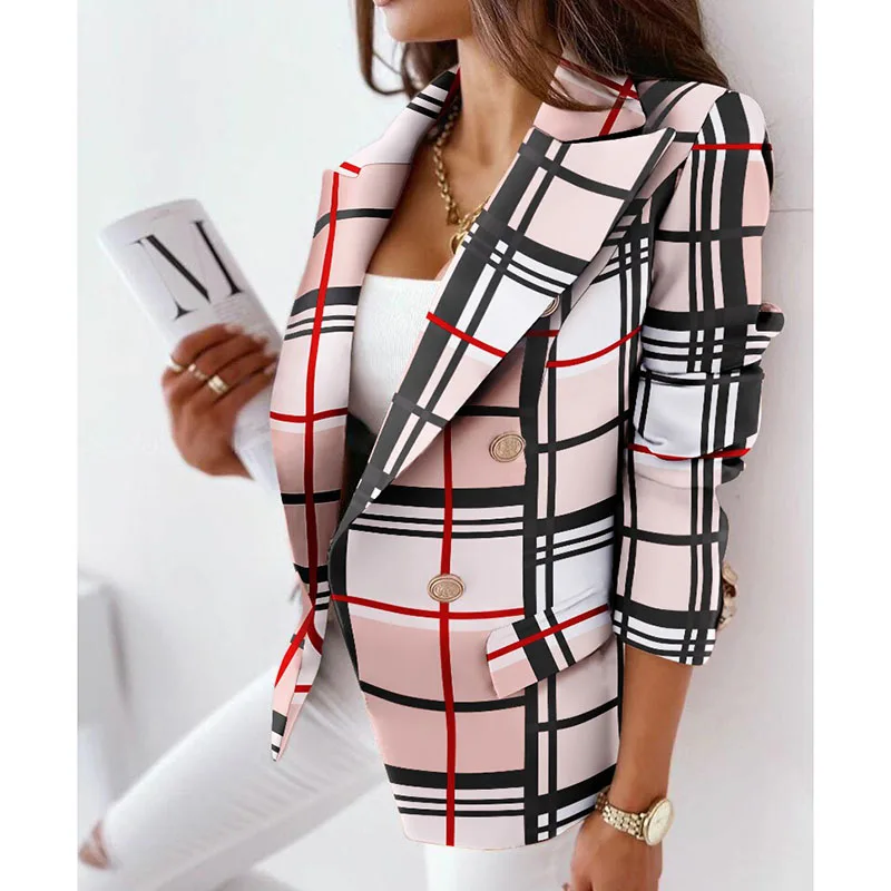 

Blazer Coats Spring Autumn Casual Thin Vintage Tops Women Fashion Long Sleeve Slim Zipper Ladies Jackets Coat Printing Lattice