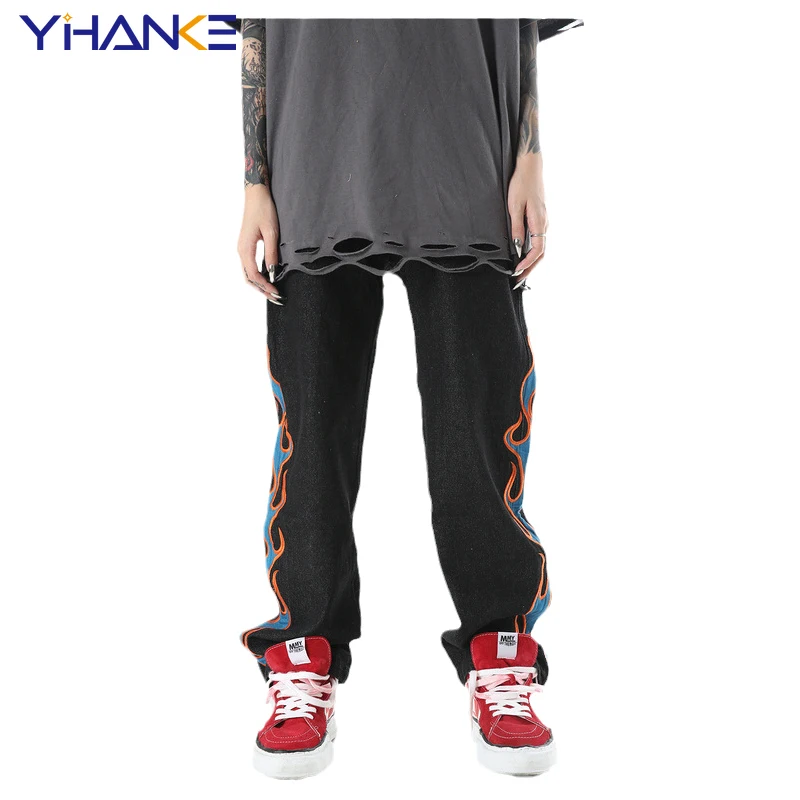 Flame Embroidery Men's Straight Jeans European and American High Street Tide Brand Hip Hop Casual Jeans for Men and Women