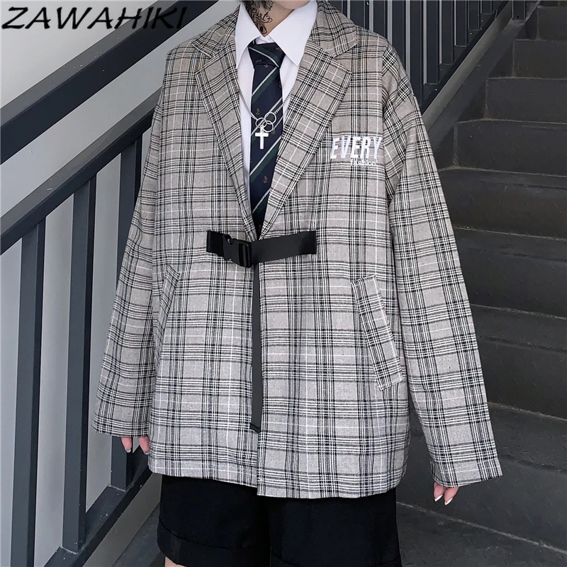 

Женский винтажный клетчатый пиджак, повседневный свободный пиджак в Корейском стиле с V-образным вырезом и длинным рукавом, универсальный шикарный крутой Топ для девушек, весна-осень