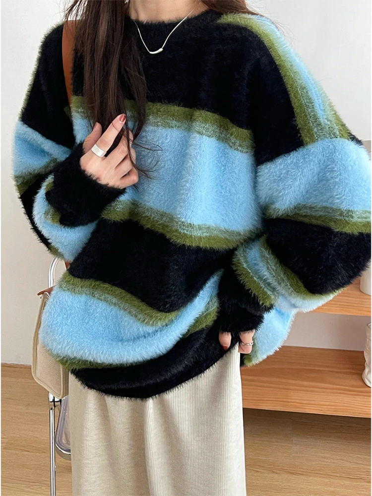 

Mozuleva Knitted Stripe Sweater Women 2022 Autumn Winter Loose Casual Thick Pullovers Female Warm Long-sleeved O-Neck Tops