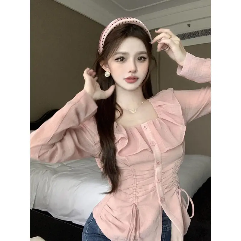 Весенне-осенняя сексуальная милая пряная рубашка с квадратным вырезом и