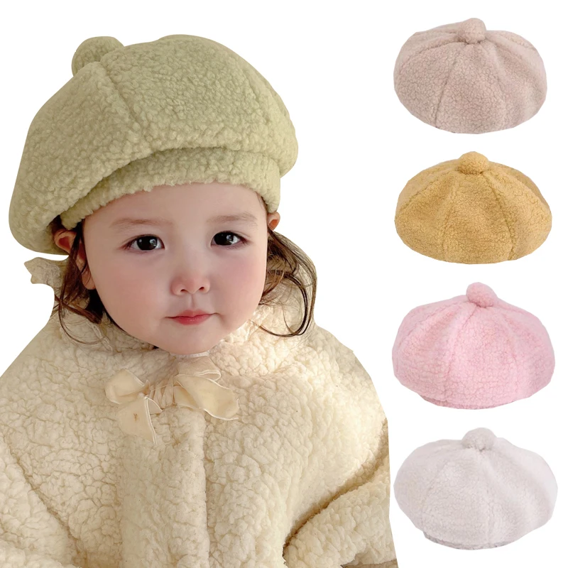 

Winter Baby Girl Hat Fashion Lamb Wool Kids Beret Caps for Girls Vintage Pompom Children Hats Baby Accessories 2-6Y